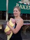 Rikke with Tjalfe in front of the bakery in Braidwood